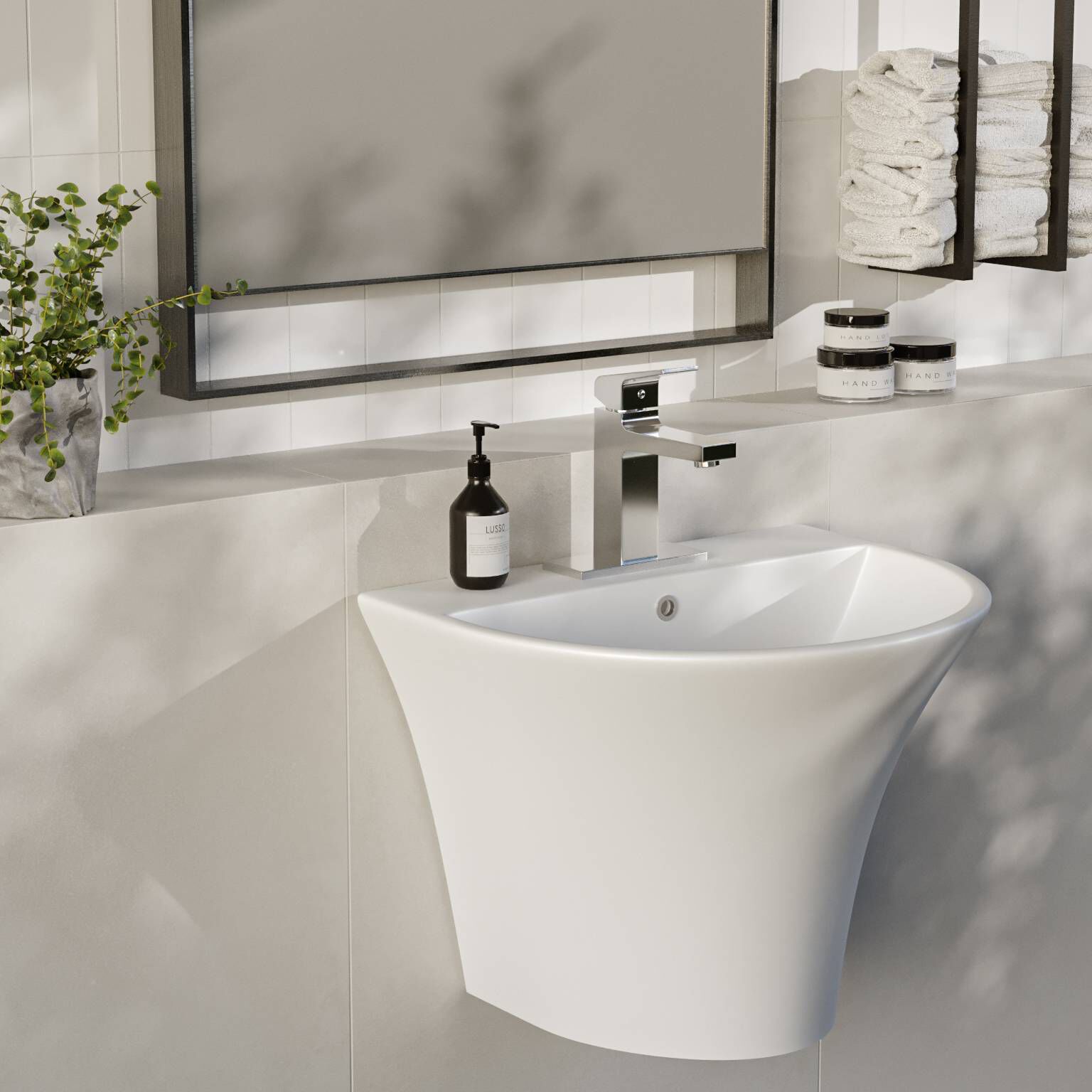 Lavabo trento de instalacion en muro blanco,,hi-res image number null